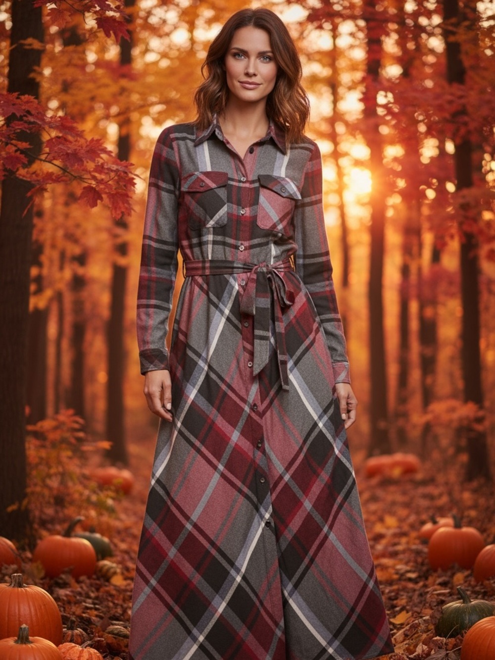 Soft Surroundings Terrific Tartan Maxi Shirt Dress Belted Wool Blend Sz M 10-12